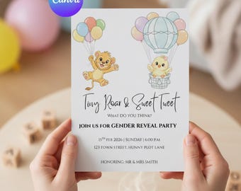 Invito per rivelare il sesso del bambino con un piccolo ruggito o un dolce cinguettio / Invito per baby shower modificabile su Canva / Biglietto stampabile per rivelare il sesso del bambino con un simpatico animale