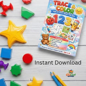 May include: A children's activity book titled "Trace & Color" with the numbers 1, 2, and 3. The book is surrounded by colorful shapes and pencils. The text "Instant Download" is visible. The book is designed for children aged 3-6.
