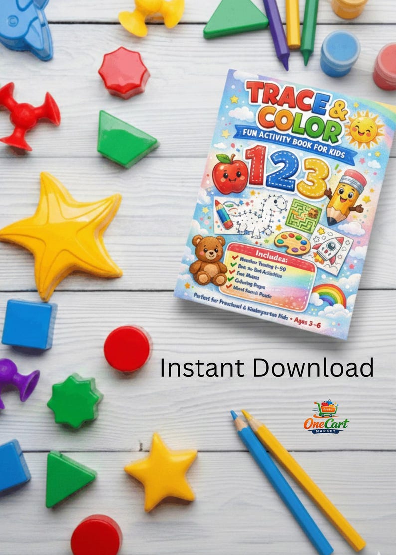 May include: A children's activity book titled "Trace & Color" with the numbers 1, 2, and 3. The book is surrounded by colorful shapes and pencils. The text "Instant Download" is visible. The book is designed for children aged 3-6.