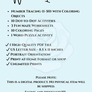 May include: A digital product listing in light blue with the text "What's Included" in a cursive font. The listing includes number tracing, dot-to-dot activities, maze worksheets, coloring pages, and a word puzzle activity. It is a high-quality PDF file, US letter size, portrait orientation.