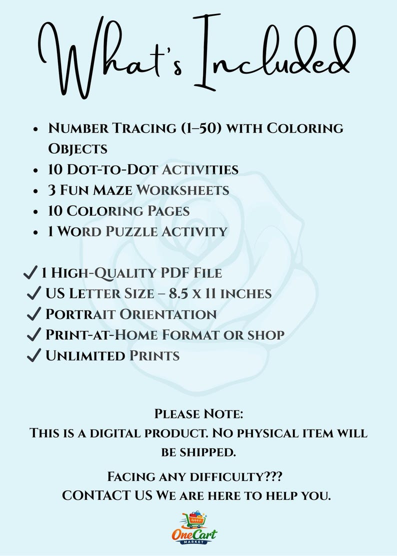 May include: A digital product listing in light blue with the text "What's Included" in a cursive font. The listing includes number tracing, dot-to-dot activities, maze worksheets, coloring pages, and a word puzzle activity. It is a high-quality PDF file, US letter size, portrait orientation.