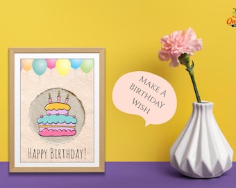 Biglietto di auguri di compleanno stampabile, disegno di torta colorata, palloncini, auguri 5x7 (download digitale)