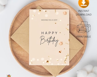 Elegante biglietto di auguri di compleanno minimalista, coriandoli dorati, design neutro (download digitale)