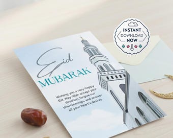 Biglietto Eid Mubarak personalizzabile / Design minimalista della moschea (download digitale 5 x 7 pollici)