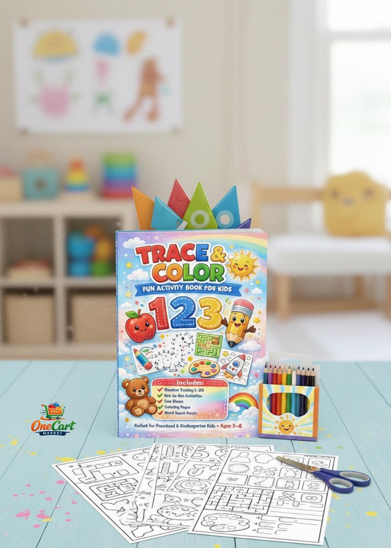May include: A children's activity book with the title "TRACE & COLOR FUN ACTIVITY BOOK FOR KIDS" featuring illustrations of a pencil, apple, and numbers. Includes a box of coloured pencils, colouring pages, and activity sheets. Scissors are also visible.