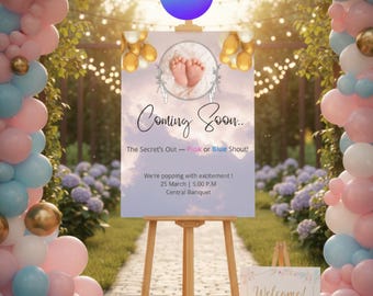 Elegante invito per rivelare il sesso del nascituro, nuvole pastello, palloncini dorati (modello Canva modificabile)