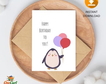 Biglietto di auguri di compleanno stampabile, pinguino con palloncini, biglietto di auguri per bambini (download digitale)