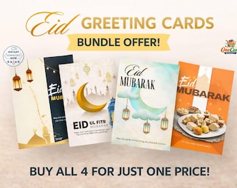 Pacchetto di biglietti d'auguri per l'Eid Mubarak / Lanterne islamiche, luna, motivi di moschea (4 biglietti)