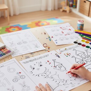 May include: A child's hand using a red pencil to colour a dot-to-dot drawing of a castle. Activity sheets with drawings of bunnies, cars, and numbers are on a wooden table. Crayons, watercolours, and glitter are also present.