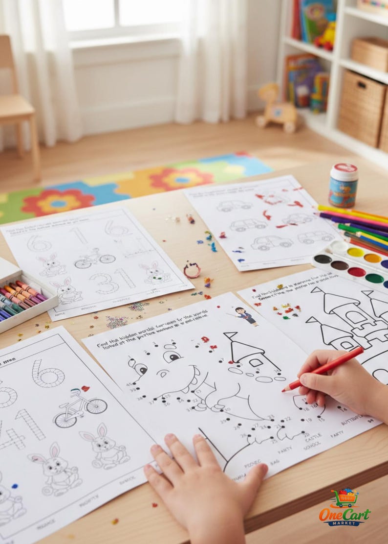 May include: A child's hand using a red pencil to colour a dot-to-dot drawing of a castle. Activity sheets with drawings of bunnies, cars, and numbers are on a wooden table. Crayons, watercolours, and glitter are also present.