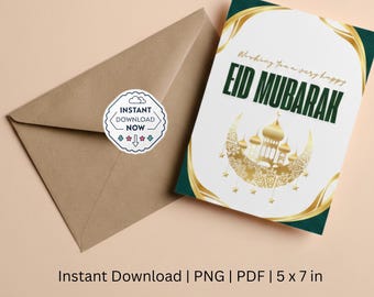 Elegante biglietto d'auguri per l'Eid Mubarak / Design islamico verde e oro (download digitale, 5x7 pollici)