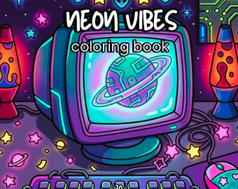 Neon coloring book for adults Y2K neon light vibes aesthetic retro cyberpunk coloring futuristic sci-fi coloring dark pop culture coloring
