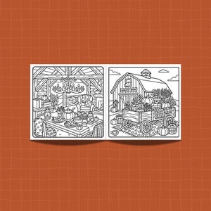 May include: A black and white coloring book spread featuring two distinct scenes. The left page shows a cozy cabin interior with a dining table, antler chandelier, and fireplace. The right page depicts a farm scene with a wagon labeled HARVEST BARN.