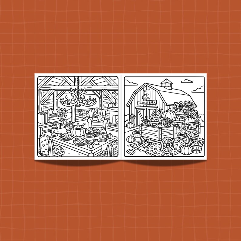 May include: A black and white coloring book spread featuring two distinct scenes. The left page shows a cozy cabin interior with a dining table, antler chandelier, and fireplace. The right page depicts a farm scene with a wagon labeled HARVEST BARN.
