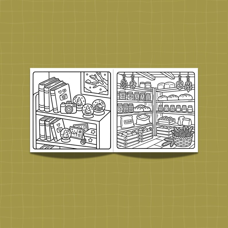 Pu&ograve; includere: Un libro da colorare in bianco e nero con due scene distinte. La pagina sinistra mostra scaffali con libri, una fotocamera e palle di neve. La pagina destra raffigura una dispensa piena di barattoli, pagnotte, sacchi di farina e casse di cibo.