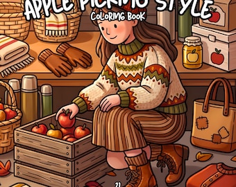 Apple picking style coloring, cozy fall fashion coloring, autumn outfits coloring, adult coloring book, relaxing detailed coloring