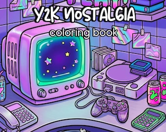 Y2K Coloring Book, nostalgia Coloring pages, 2000s aesthetic retro pop culture teen digital printable sheets, cute cozy bold easy coloring