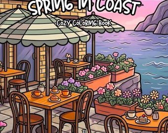 Coastal coloring book spring coastal village coloring cozy seaside coloring printable cottagecore coloring relaxing adult coloring pages