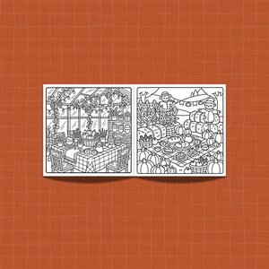 May include: A black and white coloring book spread featuring two distinct scenes. The left page shows a greenhouse interior with a table set for tea, plants, and hanging lights. The right page depicts an outdoor harvest scene with scarecrows, hay bales, pumpkins, and a picnic spread.