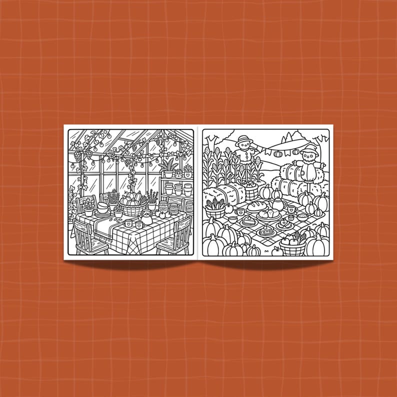 May include: A black and white coloring book spread featuring two distinct scenes. The left page shows a greenhouse interior with a table set for tea, plants, and hanging lights. The right page depicts an outdoor harvest scene with scarecrows, hay bales, pumpkins, and a picnic spread.