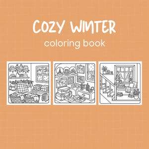 Pu&ograve; includere: Un libro da colorare intitolato COZY WINTER coloring book con tre illustrazioni in bianco e nero su uno sfondo a griglia arancione. Le immagini mostrano una lavanderia, una stanza a tema viaggio con palle di neve e una scala interna.