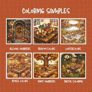 May include: A grid of six square illustrations titled COLORING SAMPLES, showcasing autumn scenes colored with alcohol markers, crayon colors, watercolors, pencil colors, paint markers, and digital coloring techniques on a rust-colored background.