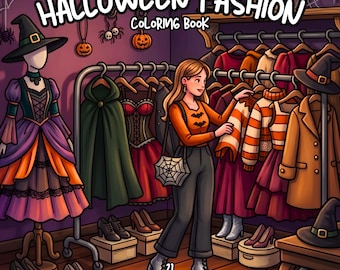 Halloween fashion coloring , cozy halloween coloring, halloween outfits coloring, adult coloring book, relaxing detailed coloring