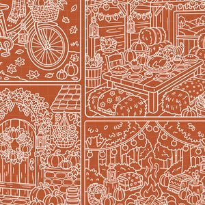 May include: A grid of four illustrations in white line art on a burnt orange background featuring autumn scenes including a bicycle with a basket, a dining table set for a feast, a decorated front door with a wreath, and a campfire in a forest.