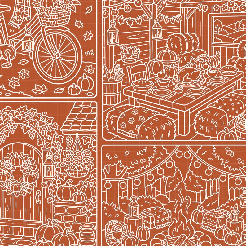 May include: A grid of four illustrations in white line art on a burnt orange background featuring autumn scenes including a bicycle with a basket, a dining table set for a feast, a decorated front door with a wreath, and a campfire in a forest.