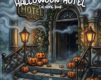 Halloween coloring book, foggy haunted hotel coloring, Cozy Halloween coloring, foggy coloring, spooky hotel coloring for adults & teens