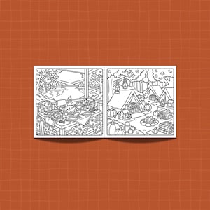 May include: A black and white coloring book spread featuring two distinct scenes. The left page shows a Thanksgiving dinner on a porch overlooking a lake. The right page depicts a forest campsite with tents, lanterns, pumpkins, and a campfire.