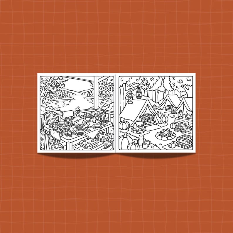 May include: A black and white coloring book spread featuring two distinct scenes. The left page shows a Thanksgiving dinner on a porch overlooking a lake. The right page depicts a forest campsite with tents, lanterns, pumpkins, and a campfire.