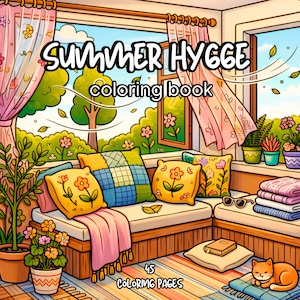 Può includere: Un libro da colorare intitolato SUMMER HYGGE coloring book con 45 pagine da colorare. L'illustrazione di copertina mostra un accogliente angolo interno con una finestra, tende rosa, una panca con cuscini colorati e un gatto.