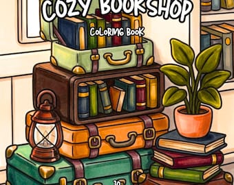 May include: A colouring book titled COZY BOOKSHOP featuring an illustration of stacked vintage suitcases, books, a lantern, and a potted plant. The cover text reads COZY BOOKSHOP COLOURING BOOK and 30 COLOURING PAGES. The artwork uses a warm colour palette.