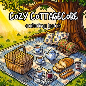 May include: A colouring book cover titled Cozy Cottagecore colouring book with 20 colouring pages. The illustration shows a picnic scene under a tree with a woven basket, a teapot, three teacups, a loaf of bread, a jar of jam, and pillows.