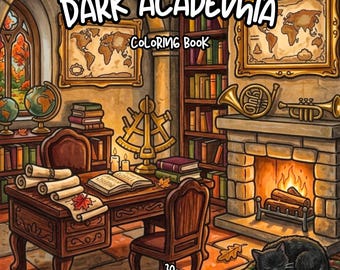 Libro para colorear de estilo academia oscura, páginas para colorear góticas acogedoras, para adultos, imprimibles, estética otoñal, descarga digital en PDF.