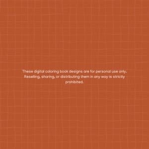 May include: A burnt orange background featuring a subtle, light-colored grid pattern. Centered text reads: These digital coloring book designs are for personal use only. Reselling, sharing, or distributing them in any way is strictly prohibited.