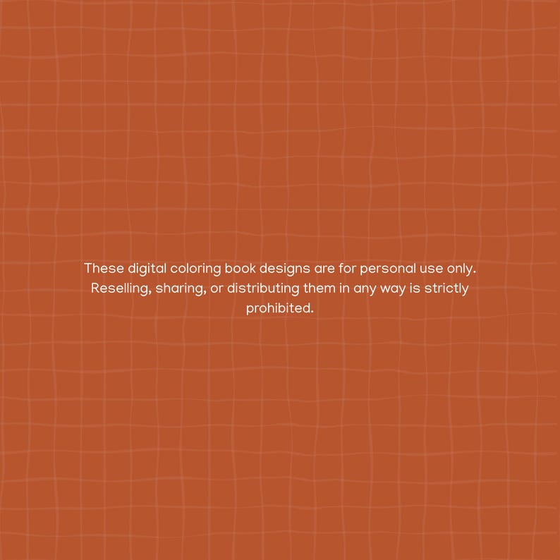May include: A burnt orange background featuring a subtle, light-colored grid pattern. Centered text reads: These digital coloring book designs are for personal use only. Reselling, sharing, or distributing them in any way is strictly prohibited.