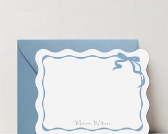 Personalized Scalloped Stationery Note Cards, Wavy Border Cards, Custom Thank You Cards, Personalized Gift for Her, Bow Flat Cards, DT3598
