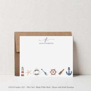 May include: A white flat card with nautical illustrations, including a lighthouse, starfish, and anchor. The card is 4.25 x 5.5 inches and has the name "JESSICA THORNTON" at the top. It is shown with a kraft envelope.
