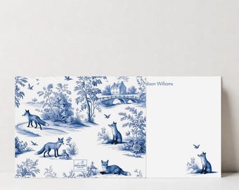 Personalized Toile Stationery Note Cards Set with Fox, Custom Wedding Thank You Flat Cards, Bridesmaid Gift, Couple Stationary, DT3606