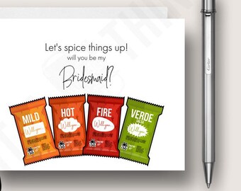 Funny Bridesmaid Proposal Card. Taco Sauce Bridesmaid Card. Spice Things Up Bridesmaid Card. Food Pun Be My Bridesmaid Card. DT2676