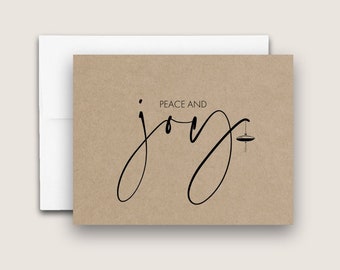 Minimalist Kraft Peace and Joy New Year Card Set. Simple Modern New Year Card with Ornament. Rustic Typography Holiday Card. DT3341