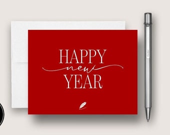 Minimalist Happy New Year Card Set. Simple Modern New Year Card. Script Typography Holiday Card. Buiness New Year Card. DT3031RED