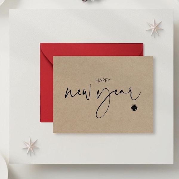 Minimalist Rustic Happy New Year Card Set. Kraft Colored Simple Modern New Year Card With Ornament. Typography Holiday Card. DT2782KFT