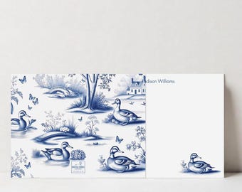 Personalized Toile Duck Stationery Set, Custom Wedding Thank You Note Card, Animal Print Flat Cards DT3611