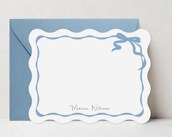 Personalized Scalloped Stationery Note Cards, Wavy Border Cards, Custom Thank You Cards, Personalized Gift for Her, Bow Flat Cards, DT3598