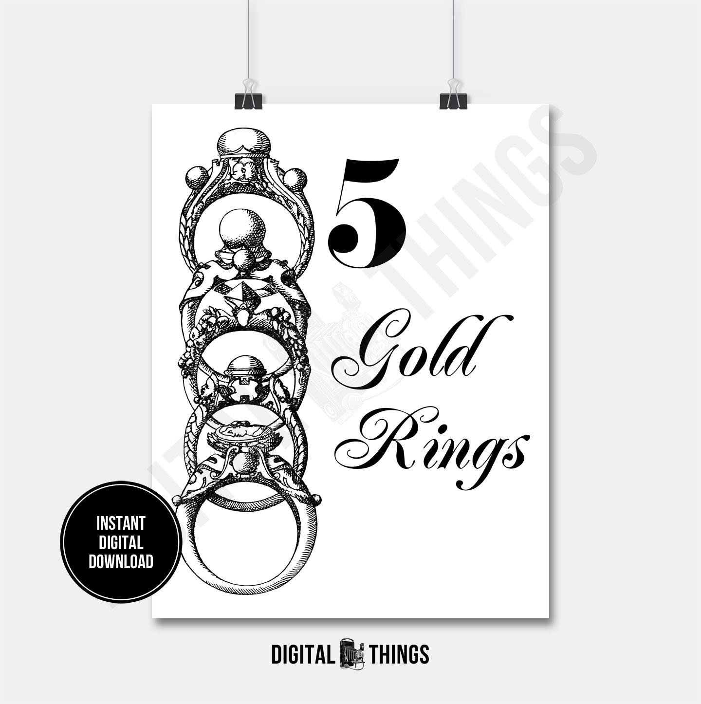 12 Twelve Days of Christmas Five Gold Rings Holiday Printable Print Digital Instant Download for Art or Iron On Transfer DT1279