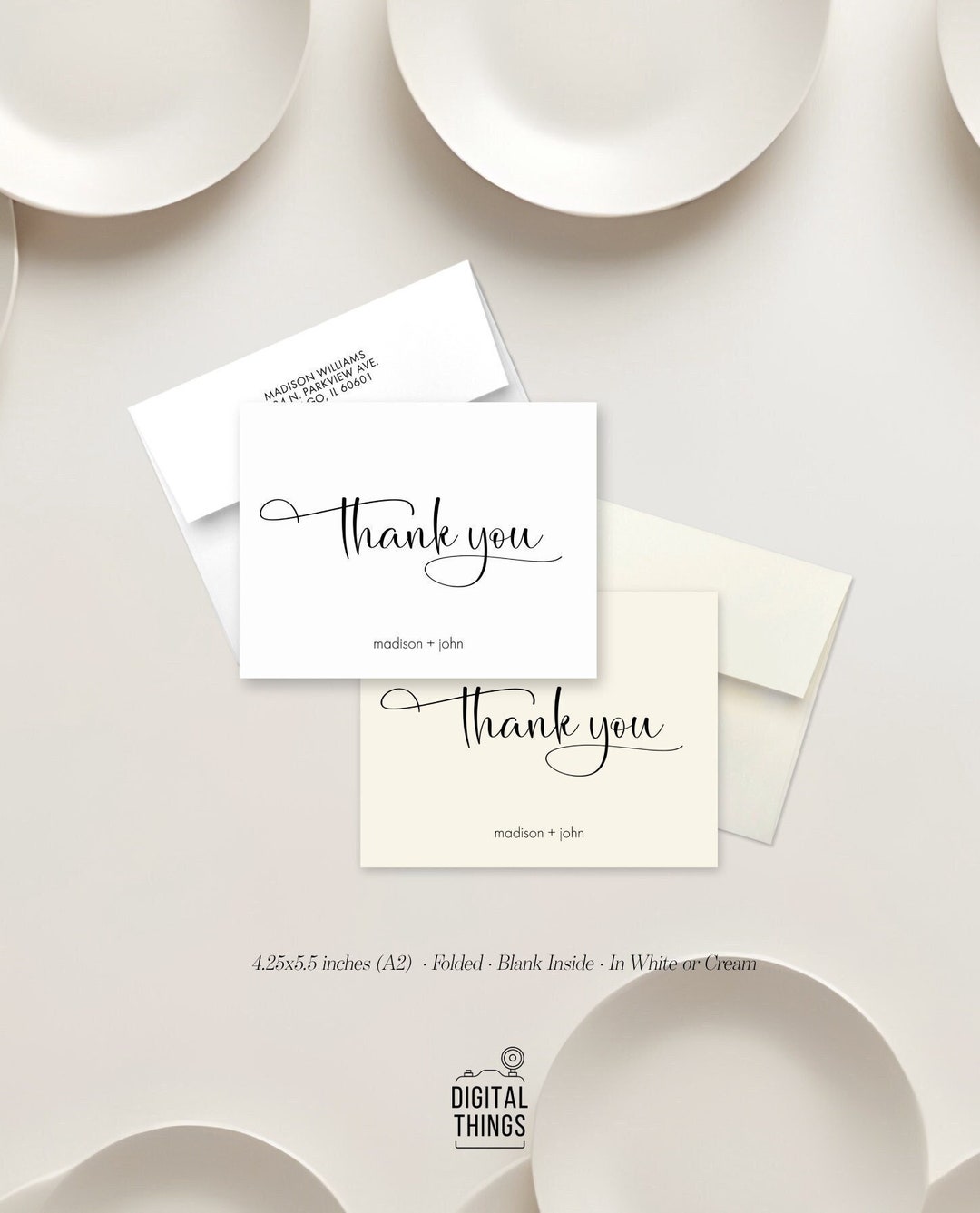 Personalized Wedding Thank You Cards With Envelopes, White or Cream ...