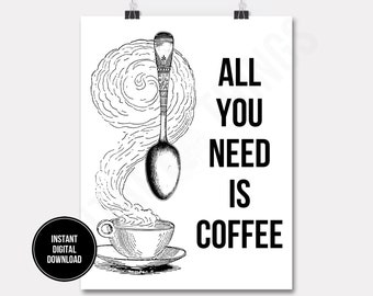 Coffee Art Printable Coffee Quote Spoon Word Art Printable Digital Download for Iron on Transfer Fabric Pillows Tea Towels DT1395